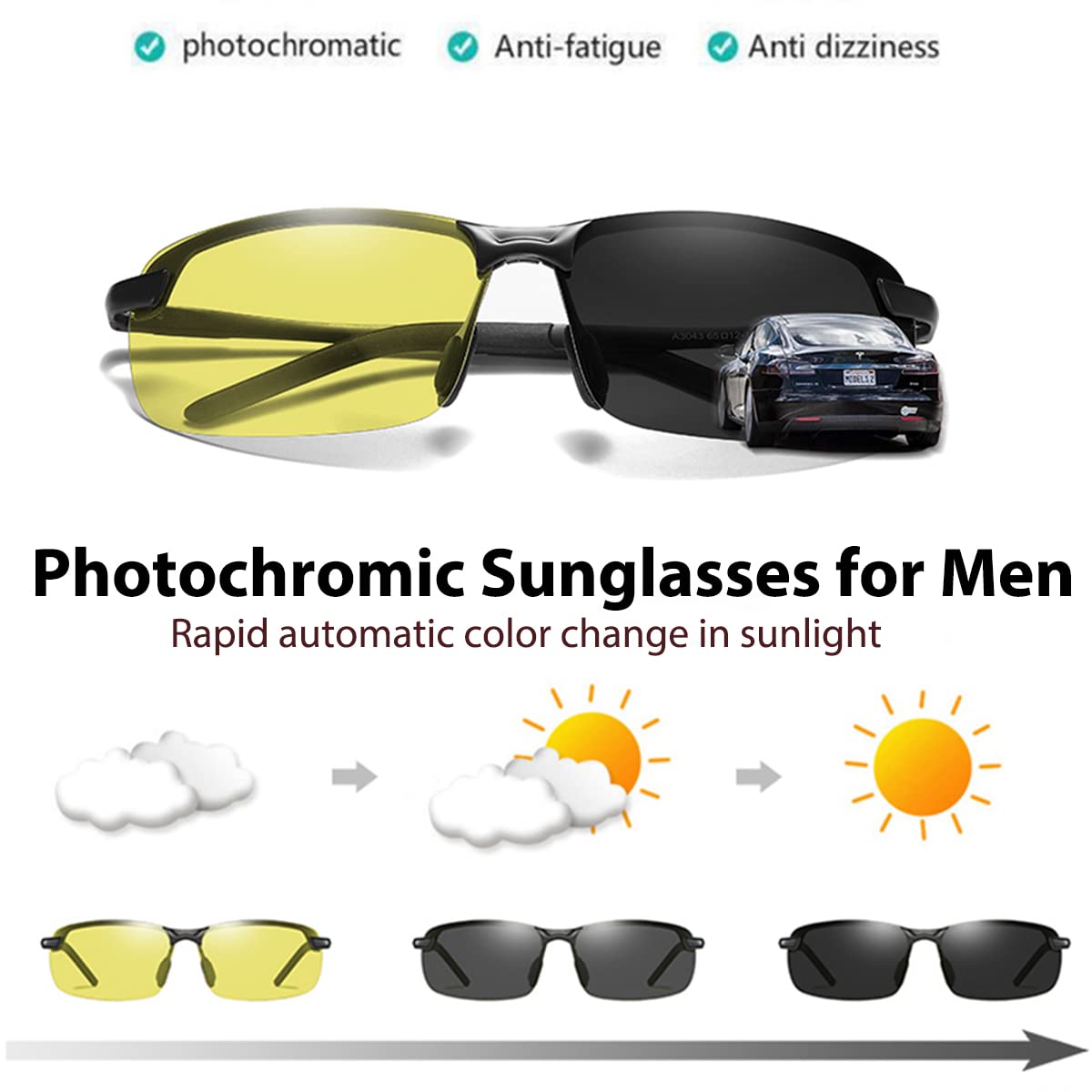 KISSOUL Polarized Photochromic Sunglasses For Men Sports Day & Night Vison Driving Glasses Anti Glare Shades Spring Hinges