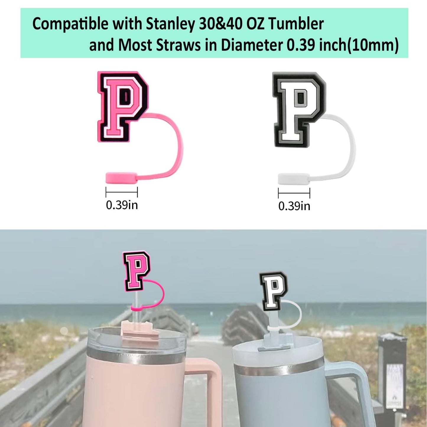 2PCS Straw Cover Cap for Stanley Cup 30&40 Oz 10mm Straw Toppers with 2PCS Initial Personalized Letter Charms for Stanley Tumbler (Letter P)