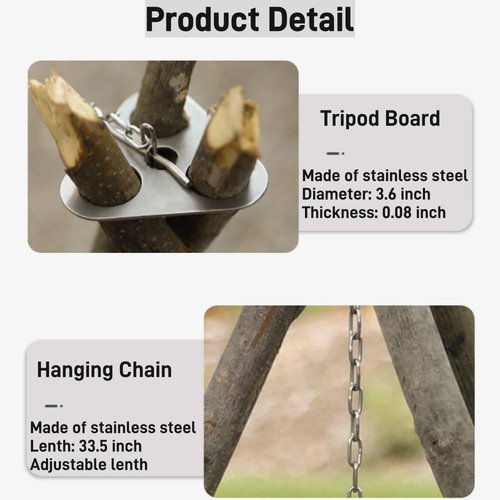 LSOSVSEU Camping Tripod Board - Turn Branches into Campfire Tripod, with Adjustable Chain to Hang Cookware, Open Fire Cooking Accessories for Picnic, Camping, Outdoor Sports (Stainless Steel)