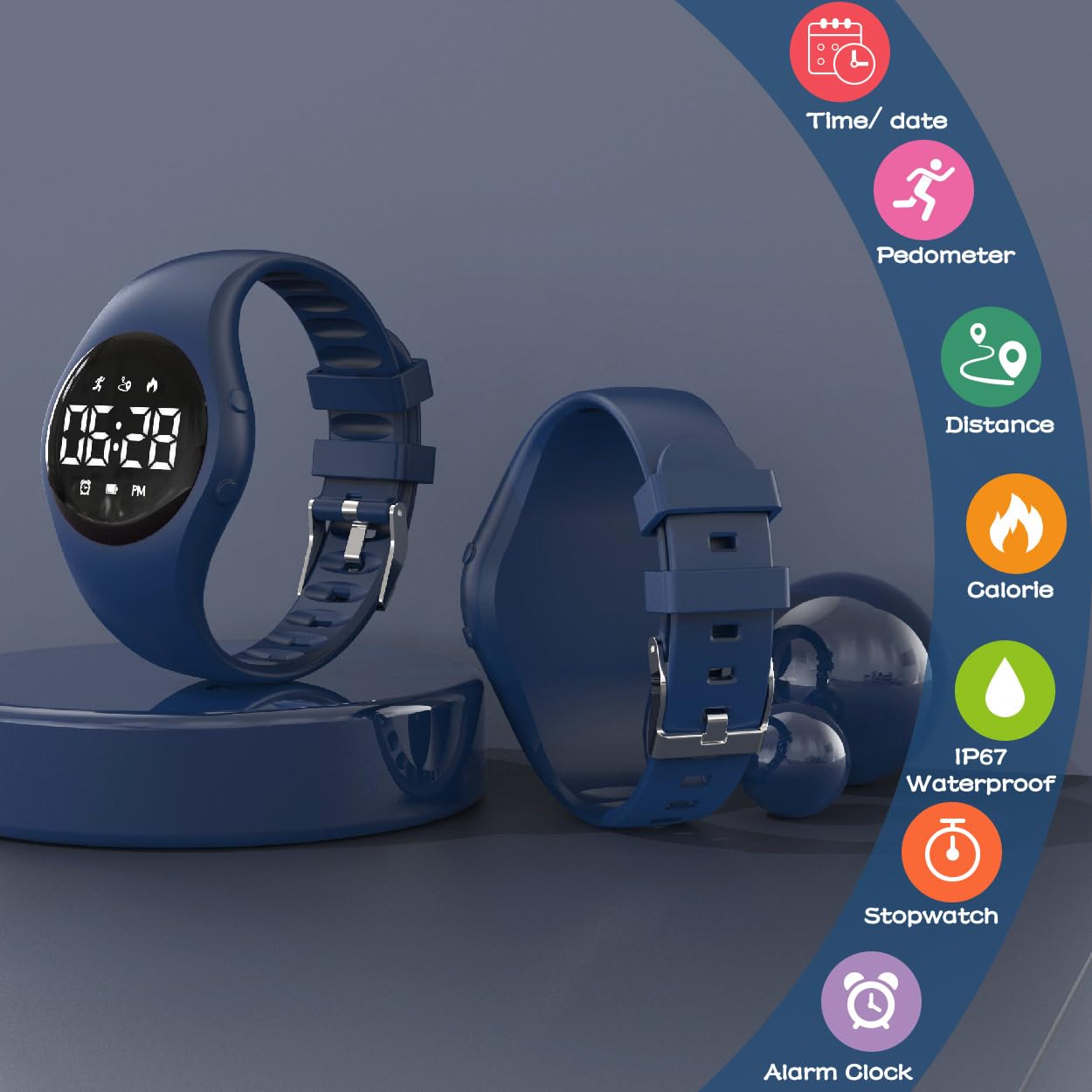 Kids Led Digital Pedometer Watch, Steps Counter, Waterproof Wristwatch, Vibrating Alarm Clock, Stopwatch, Great Gift for Kids Children Teens Girls Boys (Deepblue)