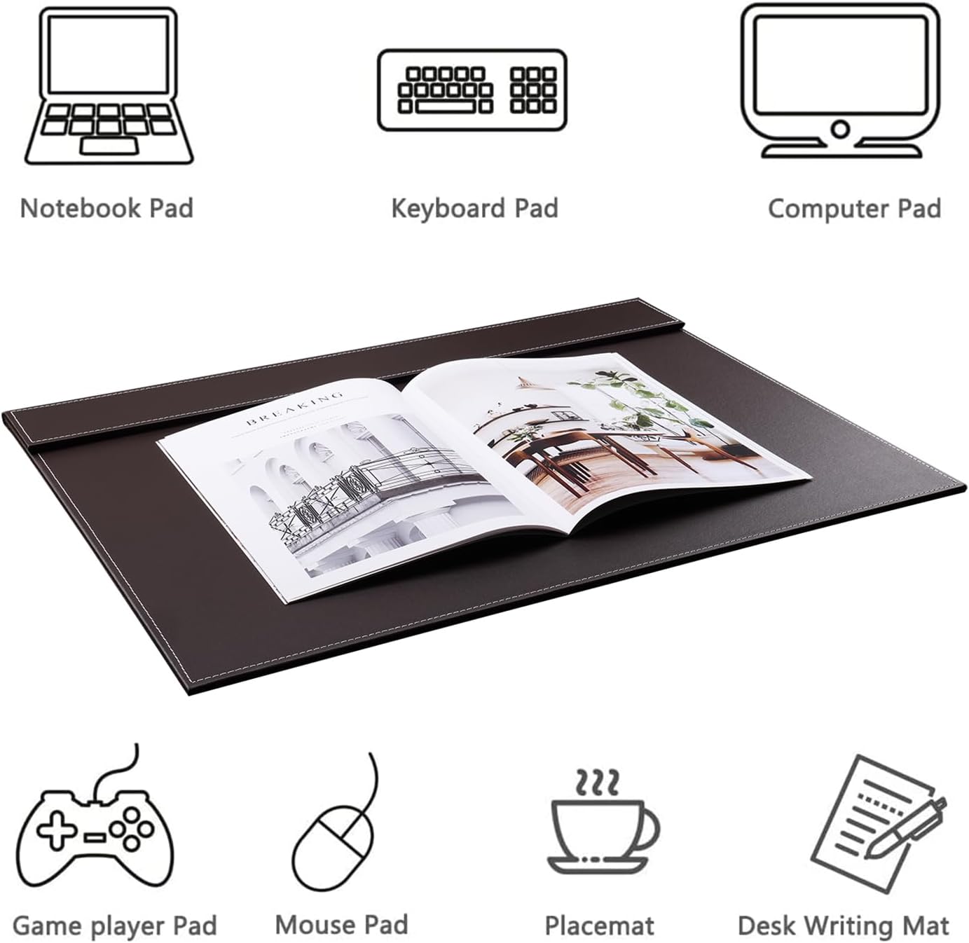 KINGFOM Ultra-Smooth PU Leather Desk Pad & Mat Office Desk Drawing & Writing Board A3/ A4 File Paper Clip Table Protector Mat on Top Large 24''x18'' (Black)
