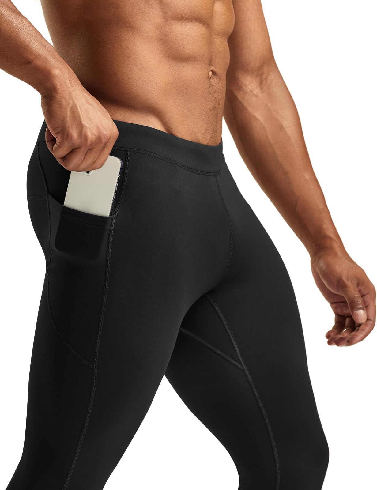 TSLA Men's Thermal Running Tights, Fleece Lined Compression Cycling Pants, Winter Cold Weather Leggings with Zipper Pocket, Running Tights Black, X-Small