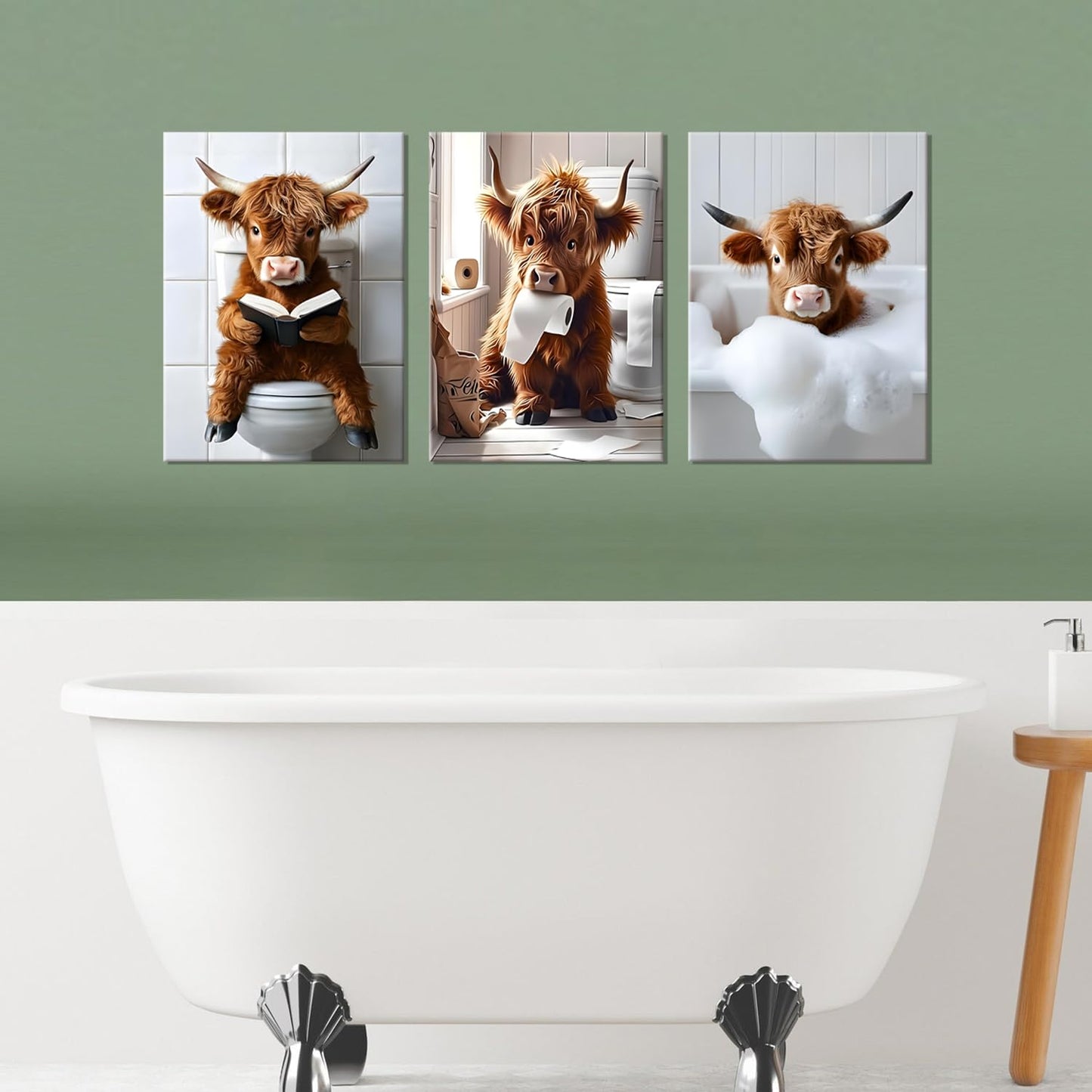 JBZDD Highland Cow Bathroom Canvas Wall Art Set of 3, Funny Cute Rustic Farmhouse Cow Prints for Bathroom Restroom Home Decor 24x16 Inch Framed
