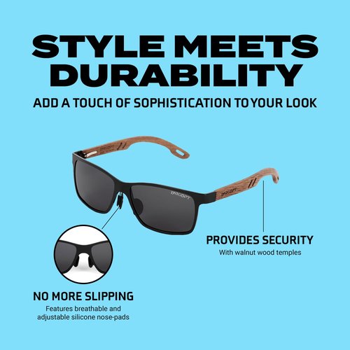 Barkiopt UV400 Sunglasses for Women & Men, Unisex Polarized Sunglasses with Black Aluminum Frame & Wood Temple, Fashionable Black Shades that Protect from UV Rays, Model W5507 (Black Lenses)