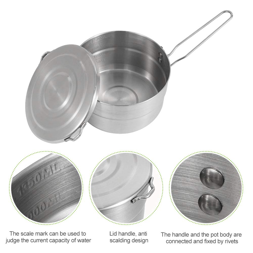 EKDJKK Stainless Steel Camping Cook Pot, 1.5L Camping Cookware with Lid and Folding Handle, Large Capacity Bento Pot for Outdoor Backpacking Camping Hiking Picnic