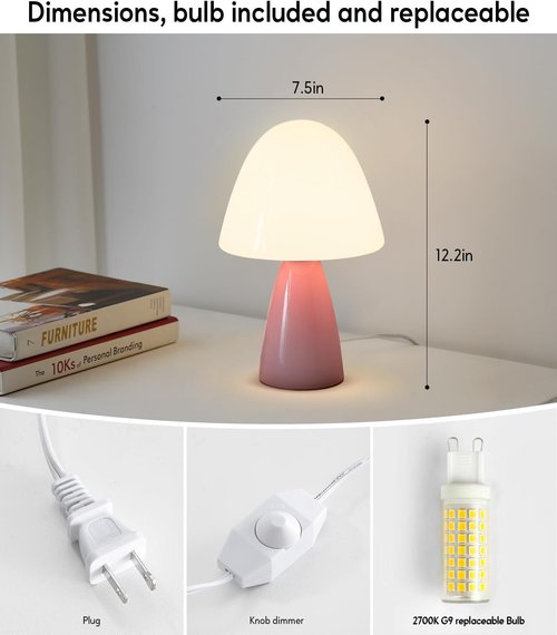 Glass Mushroom Lamp, Retro Dimmable Bulb Replaceable Desk Table Lamp for Bedroom Living Room Nightstand, Mid Century Modern Aesthetic Lamp (2700K 9W, White Glass Shade)