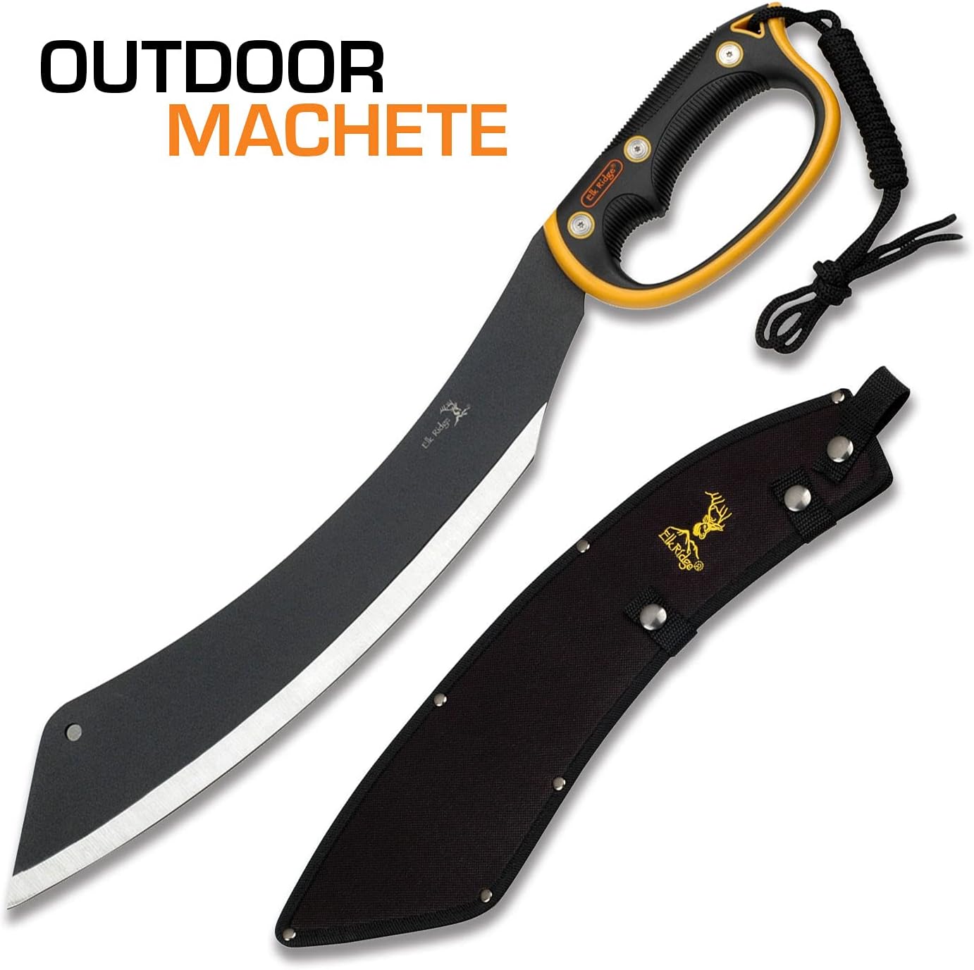Elk Ridge - Outdoors Fixed Blade Machete - 20.5-in Overall, Black Stainless Steel Blade, Orange and Black Injection Molded Handle with Lanyard, Nylon Sheath, Camping, Hunting, Survival - ER-280, One Size