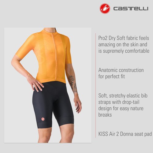 CASTELLI Women’s Prima 2 DT Bibshort, Endurance Shorts for Road and Gravel Biking with Seat Pad & High-Visibility Reflective Tabs - Black/Black - Medium