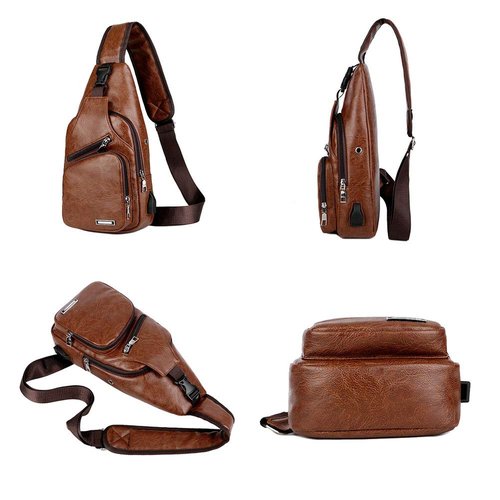 Peicees Pack of 2 Medium Leather Sling Bag Mens Crossbody Bag Chest Bag Sling Backpack for Men with USB Charge Port, Light Brown&Black