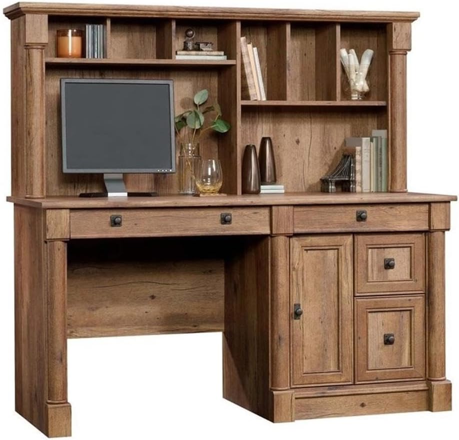 Pemberly Row Contemporary Wood Computer Desk with Hutch in Cherry