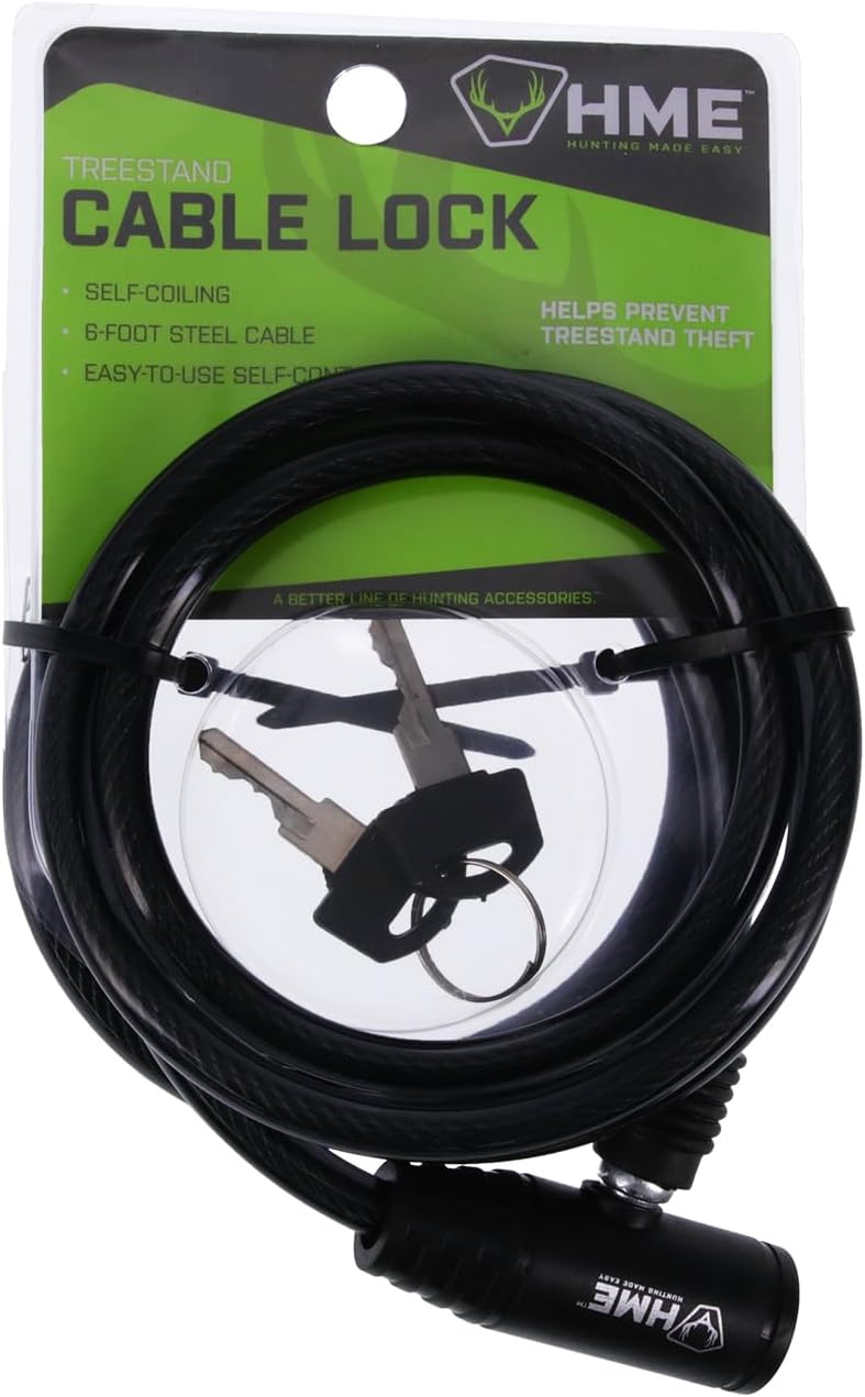 HME Self-Coiling 6-Foot Easy-To-Use Protective Durable Reliable Versatile Hunting Tree Stand Cable Lock - 2 Keys Included