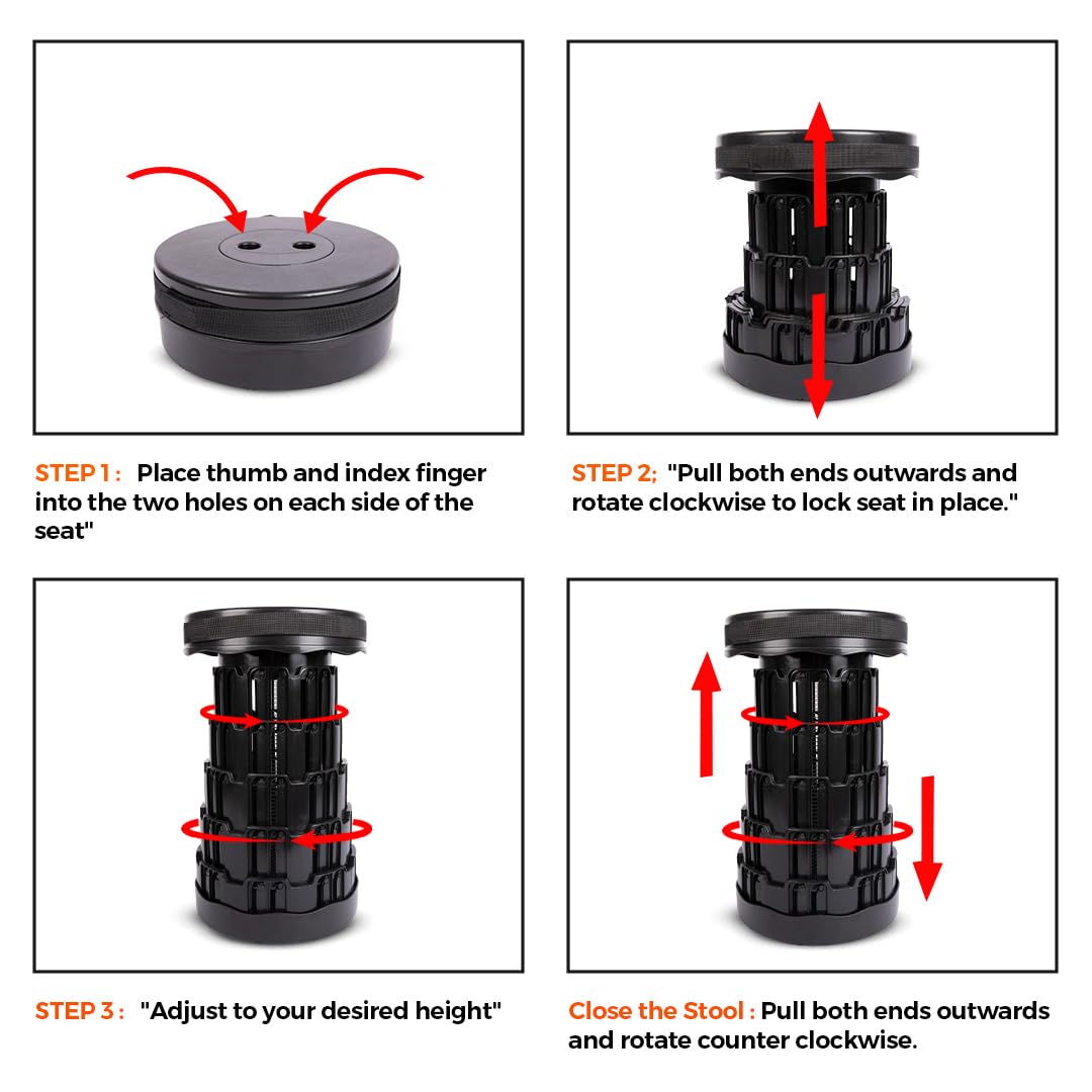 Upgraded Collapsible Stool β Easy to Carry retractable Stool - Lightweight telescoping stool for Camping & BBQ βSturdy Portable Stool - Slip Resistant Telescopic Stool with Max Load Capacity 1000lbs