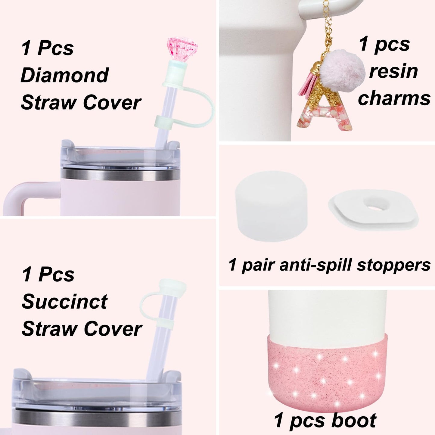 6-Pcs Stanley Cup Accessories Set,10mm Straw Topper, Letter Charms,Diamond Straw Covers,Bling Silicone Boot, Spill-Proof Compatible Stanley Cup Accessories(Pink K)