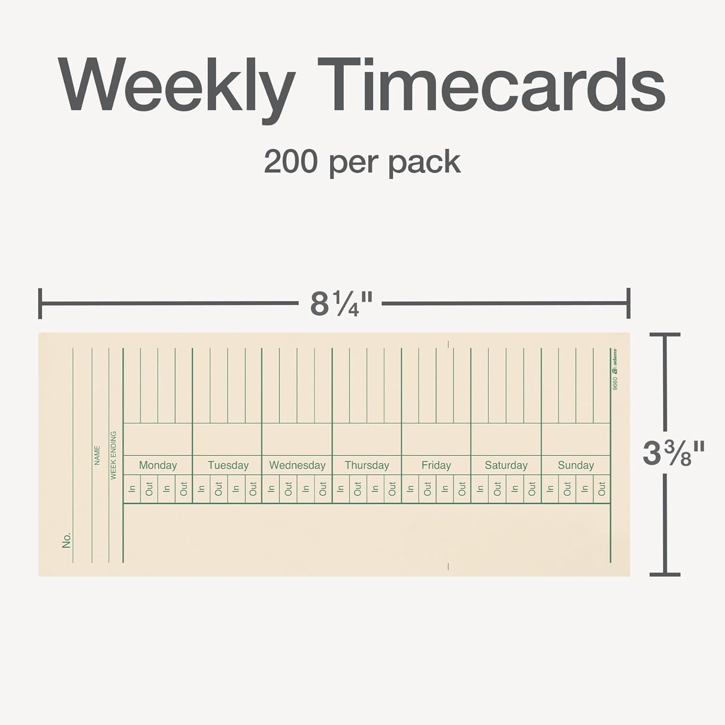 Adams Time Cards, Weekly, 2-Sided, Overtime Format, 3-3/8" x 8-1/4", Manila, Green/Red Print, 200-Count (9660-200)