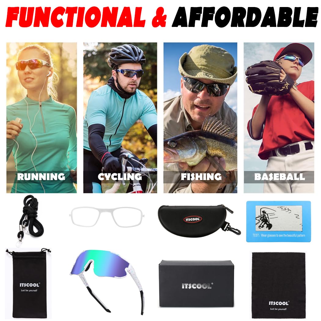 ITSCOOL Polarized Sports Sunglasses for Men Women Lightweight Softball Baseball Running Cycling Glasses UV Protection White Green