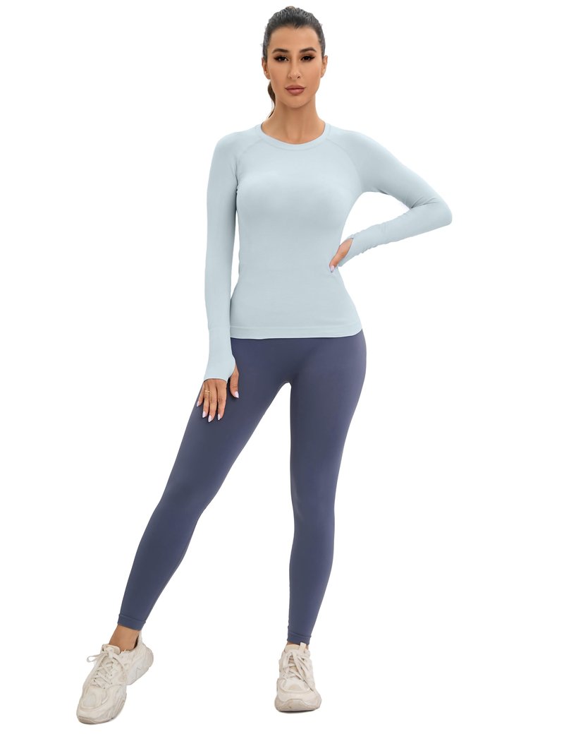 MathCat Workout Shirts for Women Long-Sleeved Athletic Shirt Running Breathable Seamless Yoga Tops Light Blue