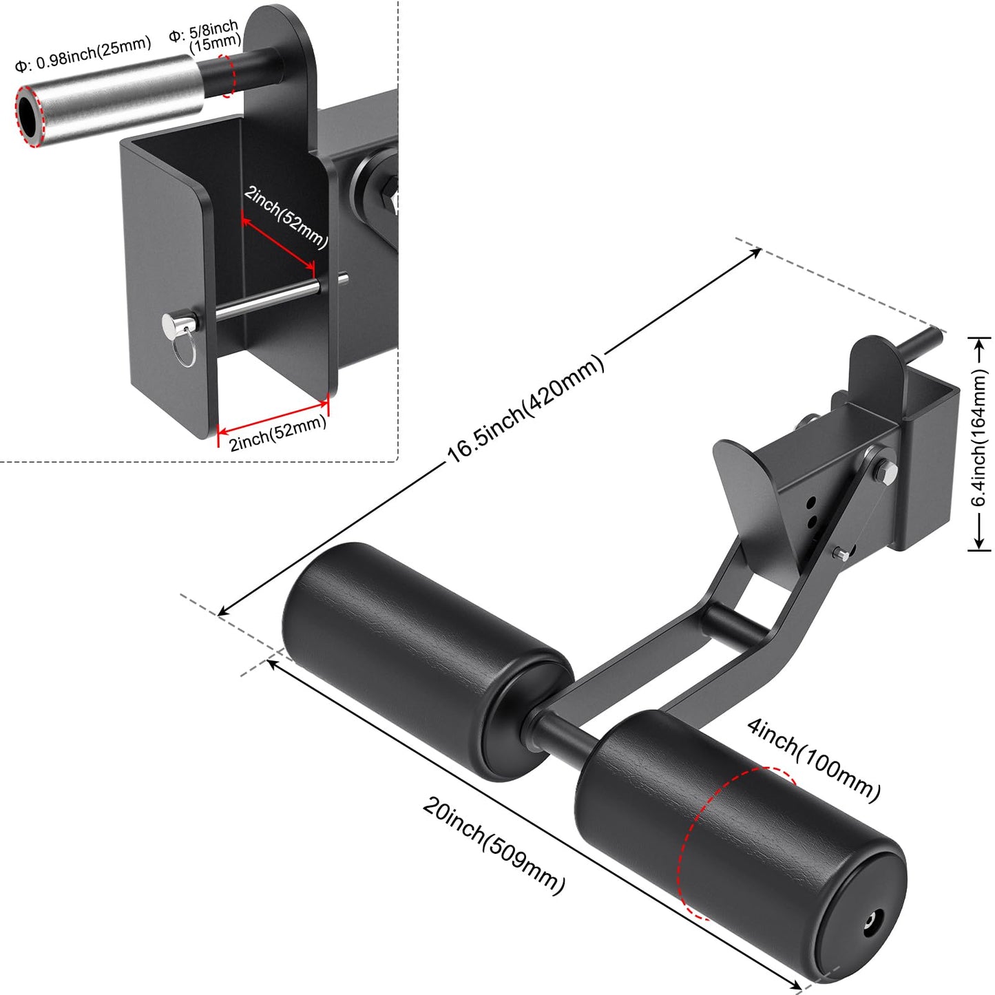 Kipika Nordic Hamstring Curl Squat Rack Attachment for 2" x 2" Power Rack with 5/8" or 1" Hole - Adjustable Leg Hold Down Attachment with Premium Leather Surface - for Ultimate Home Gym Experience
