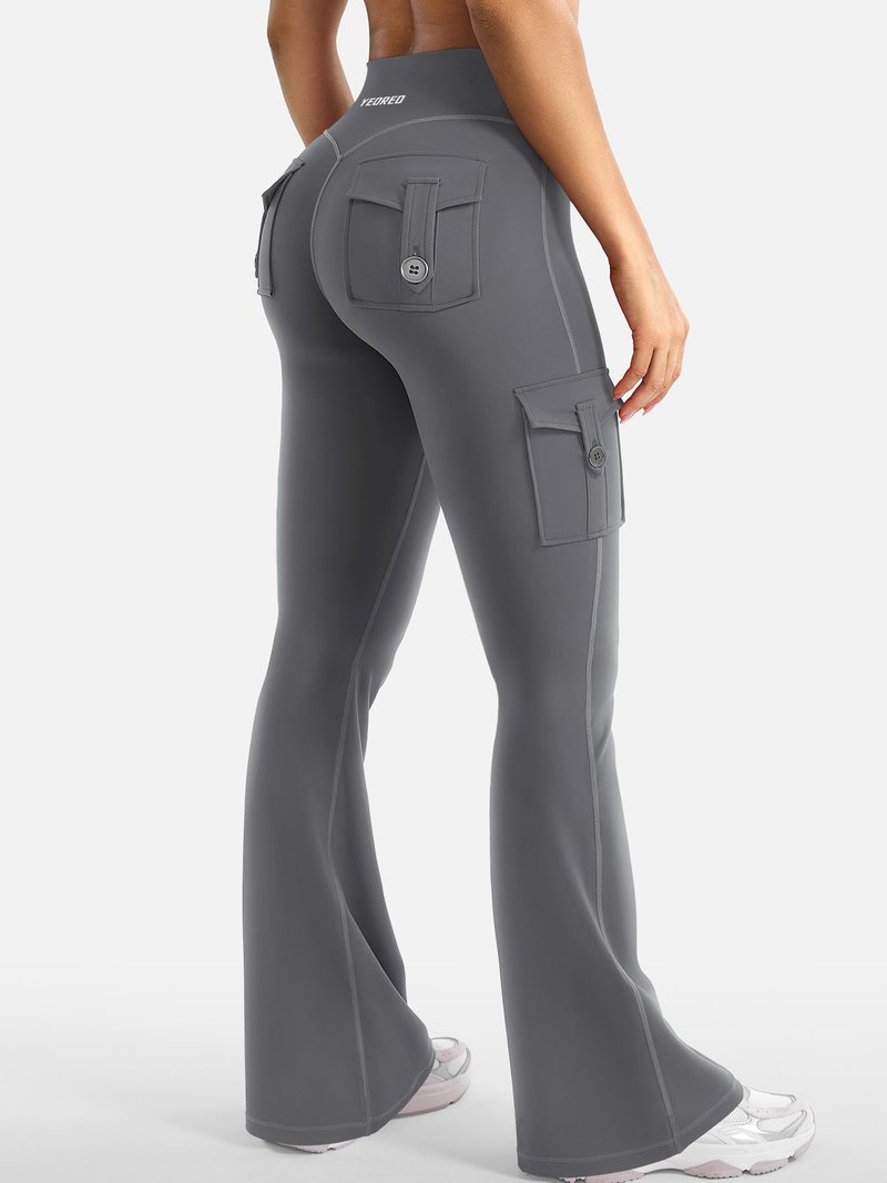 YEOREO CoreFlex Women Workout Flare Leggings with Pockets Hidden Scrunch Cargo Gym Yoga No Front Seam Leggings Lara Smoke M
