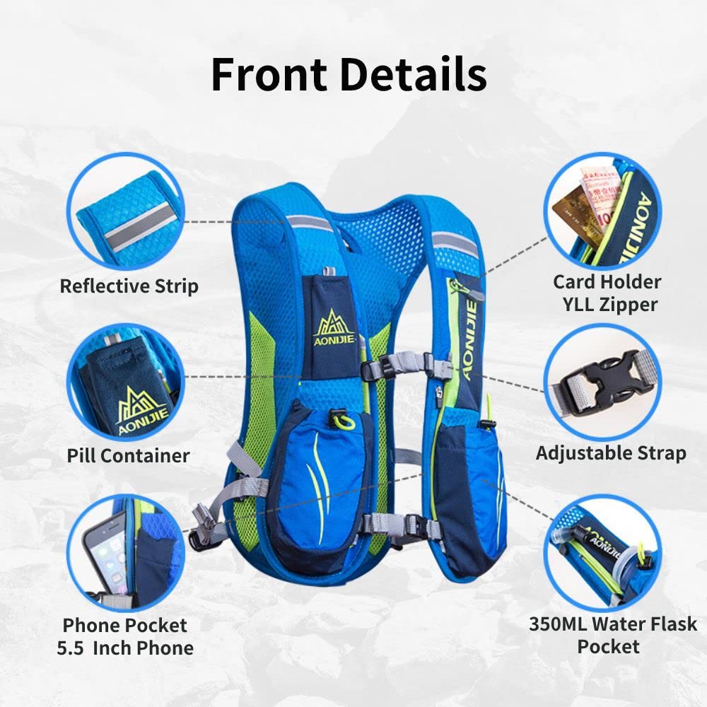 AONIJIE 5.5L Running Hydration Vest Pack with 6 Safety Pockets Adjustable & Lightweight Hydration Backpack for Marathon Race Hiking Cycling (Grey