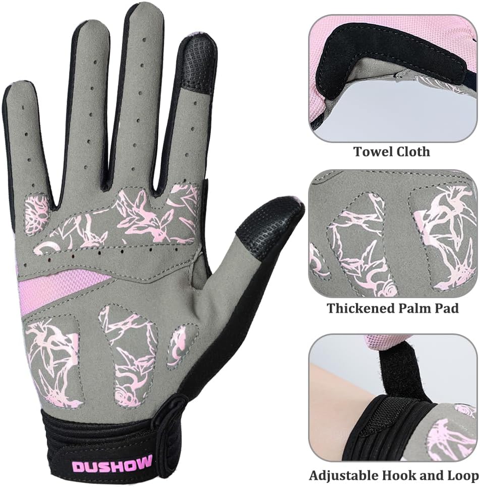 Pink Floral Cycling Gloves for Women | Full Finger Gel Padded Workout Gloves