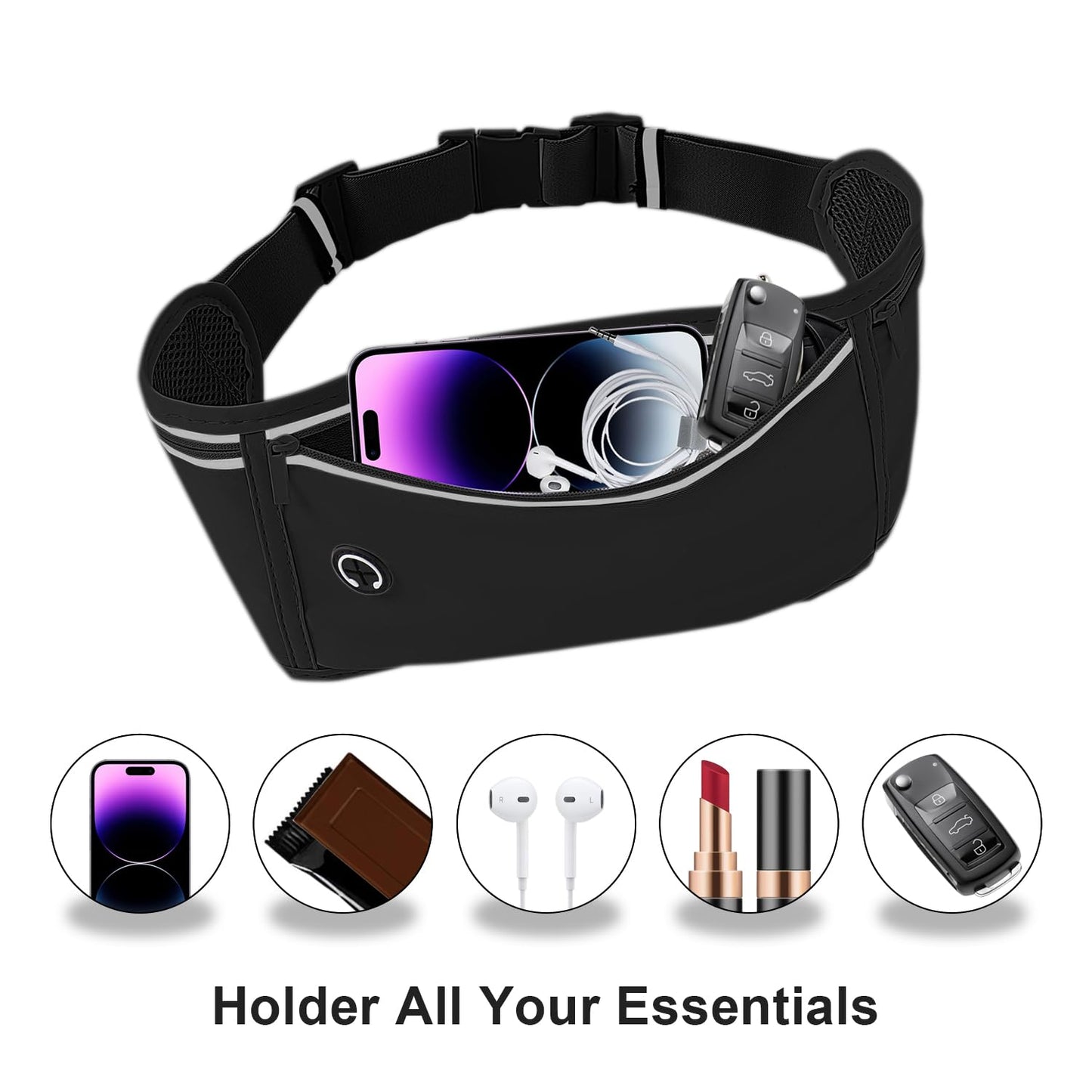 JUCURRI Slim Running Belt for Women Men,Runners Fanny Pack Phone Holder,Money Belt,Running Gear Accessories,with 3 Pockets(Black)