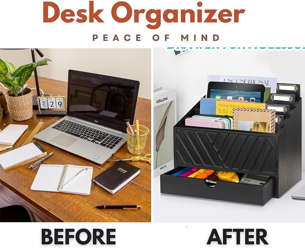 Mail Organizer for Countertop with 4 Compartments and Drawer, Wood Desktop Mail Organizer for File Letter Paper Folder, Desk Drawer Organizer, Black