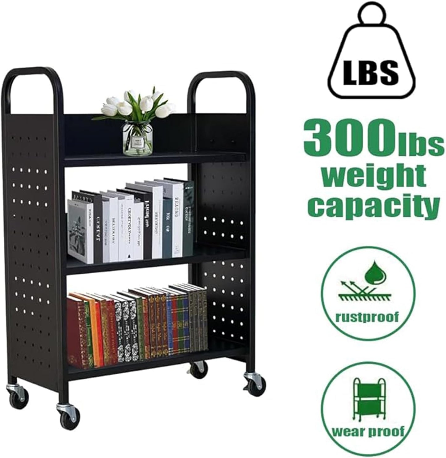Rolling Book Cart, 300LBS Library Cart 30'' x 13'' x 46'' Rolling Bookshelf, 3 Tier Book Truck Single Sided V-Shaped Sloped Shelves with Lockable Wheels for Home Book Shelves,Offices Bookshelf Cart