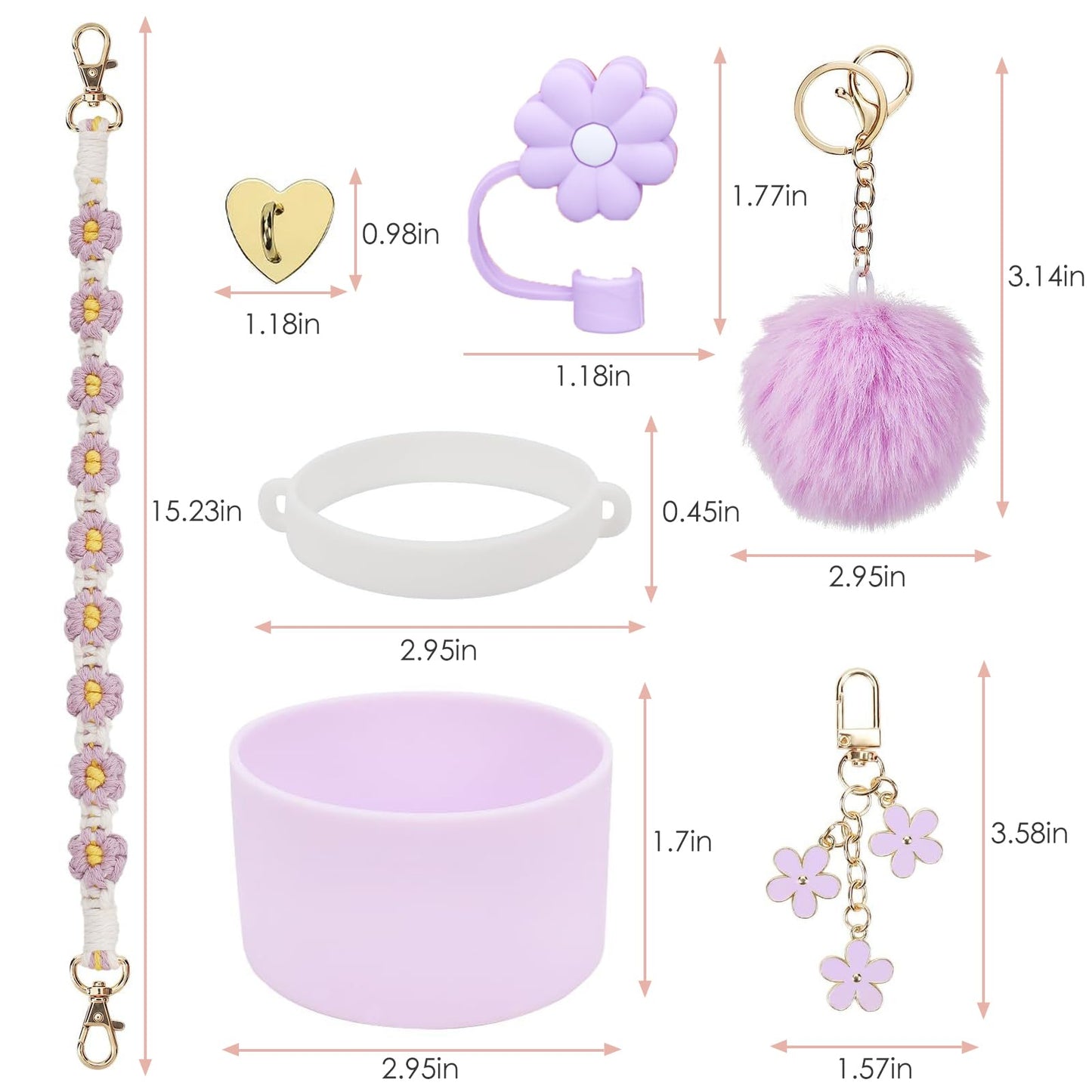 7Pcs Accessories Set for Stanley Cup 40 oz 30 oz, Water Bottle Handle Strap, Siliocne Cup Boot, Flower Straw Cover, Charms for Stanley - Purple