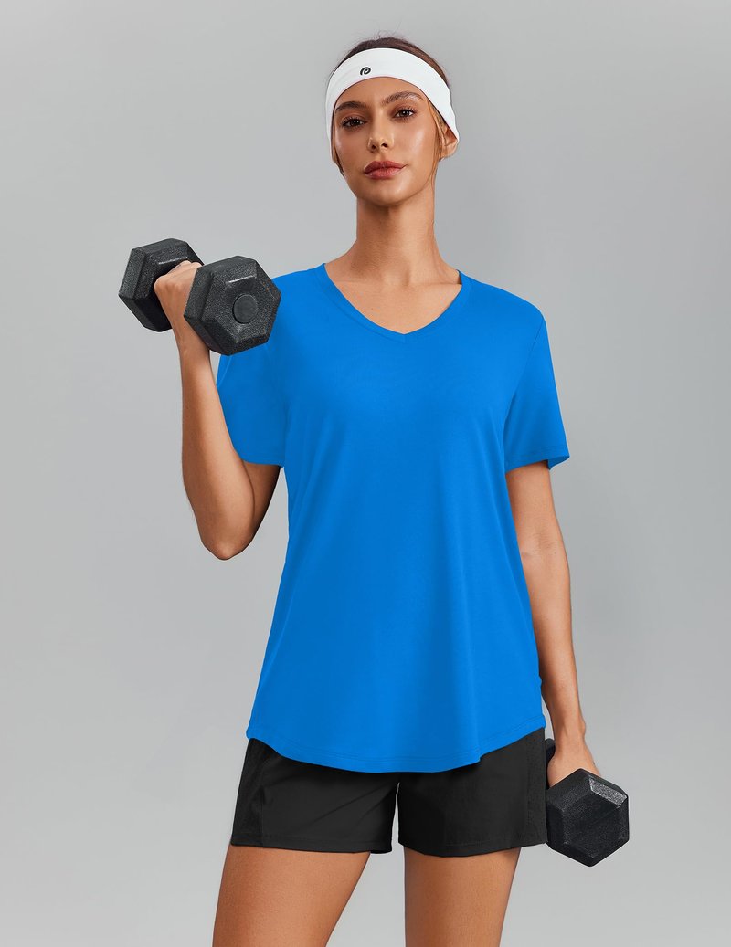 PINSPARK Quick Dry Workout Tops for Women Short Sleeve V Neck Moisture Wicking Athletic Gym Shirts Running Hiking T-Shirts,Sparkle Blue Medium