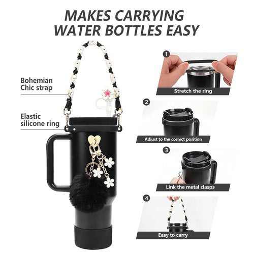 Stanley Accessories Set - 7 Pcs: Water Bottle Handle, Silicone Boot, Straw Cover, Charms for 40/30 oz Tumbler (Black)