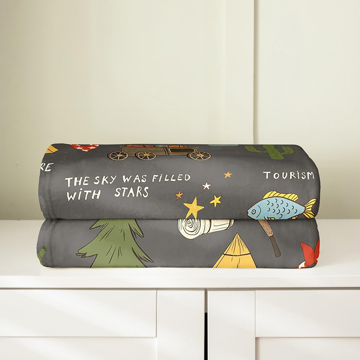 Happy Camping Throw Blanket For Kids, Hunting Bear And Pike Fish Fleece Blanket, Camper Accessories Flannel Blanket, Travel Car Hiking Theme Sherpa Blanket, Guitar Camera Plush Blanket, Twin Black
