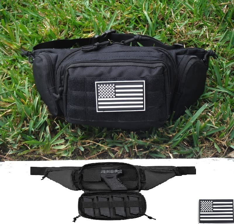 Galaxy Concealed Carry Pistol Waist Pouch - Tactical Fanny Pack Holster, Waist Gun Bag, Fits Handgun,1911 For Camping Hunting Hiking Fishing.. Molle With USA Flag Patch Black