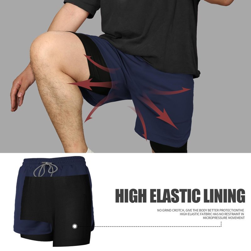 candyfouse Men's 2 in 1 Running Shorts, Quick Dry Workout Shorts with Liner, Athletic Shorts with Zip Pockets and Towel Loop Navy Blue
