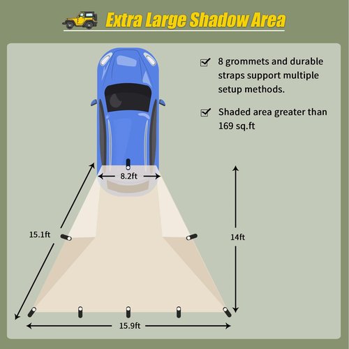 AYAMAYA Car Awning Camping Tarp Tailgate - 14 x 16 FT Extra Large Car Tent Tarp with 2 Poles Included, Multifunctional Waterproof Rain Fly Sun Shelter Canopy for SUV Truck Jeep Outdoor Activities