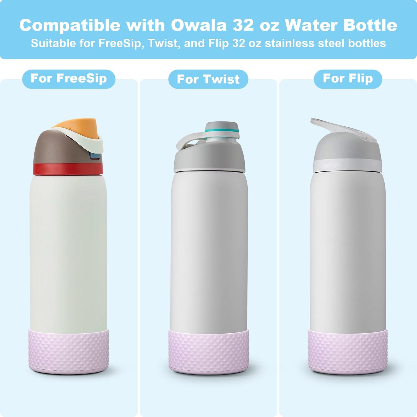 Alwenid 2PCS Silicone Water Bottle Boot for Owala 32 Oz, Anti-Slip Protective Sleeve Bottom Bumper Protector for FreeSip, Twist, and Flip Stainless Steel Water Bottles (Light Purple)