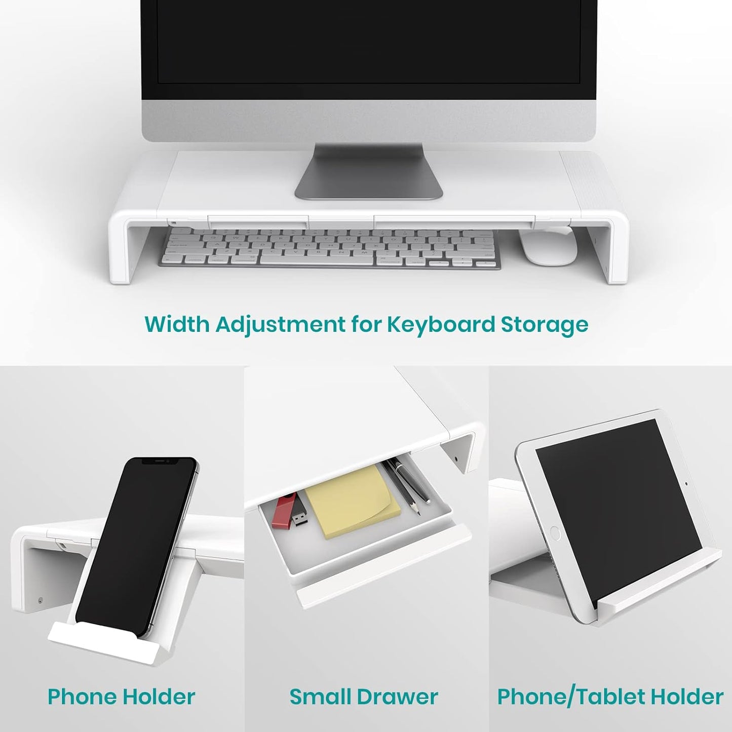 Monitor Stand Riser, Klearlook Foldable, Height Adjustable Computer Stand, Desk Shelf Riser with Storage Drawer &Tablet Phone Stand for Desktop, Laptop (White)