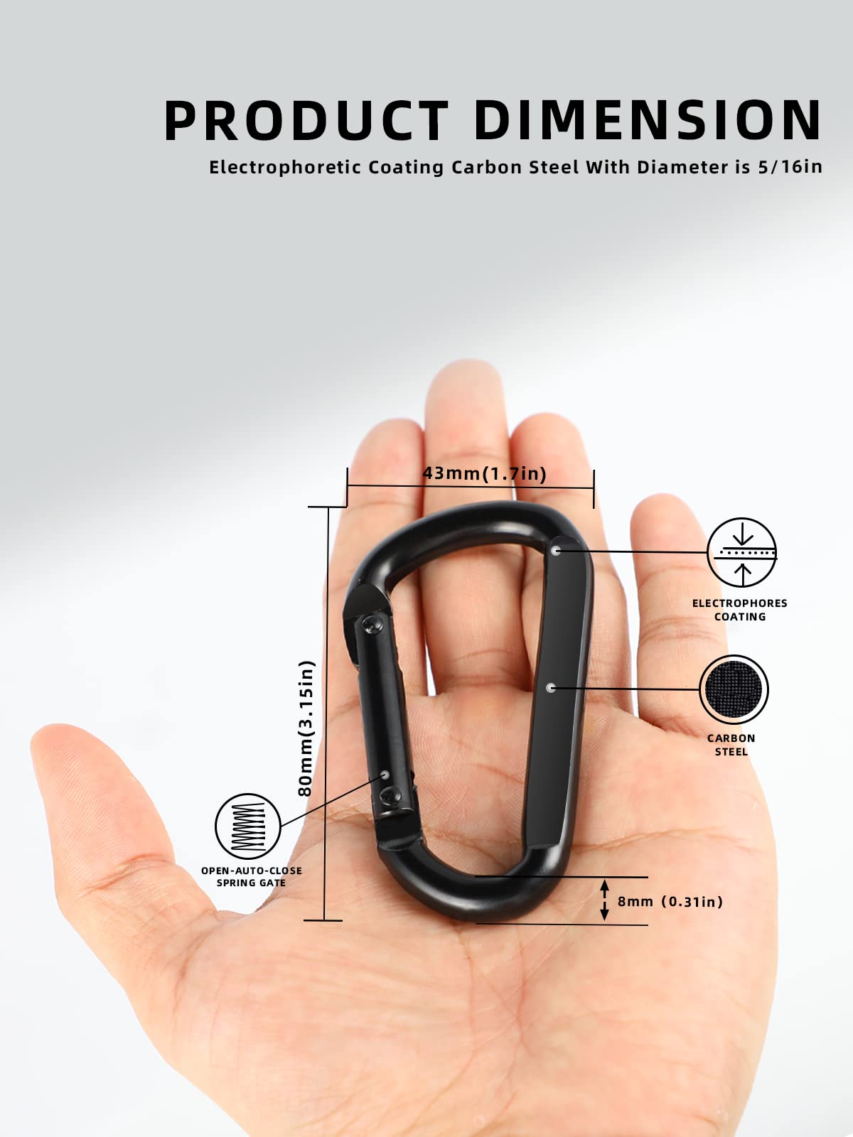 DELSWIN 6 Pcs Heavy Duty 3" Black Carabiner Clip and 12 Pcs Spring Snap Hook