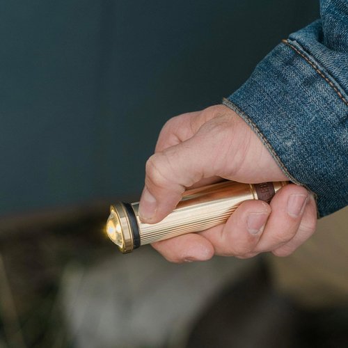 Barebones Mini Flashlight - Brass, Vintage-Style Rechargeable Flashlight with Adjustable Brightness, Magnetic Base, and Candle Flicker Mode – Compact Travel and Camping Light
