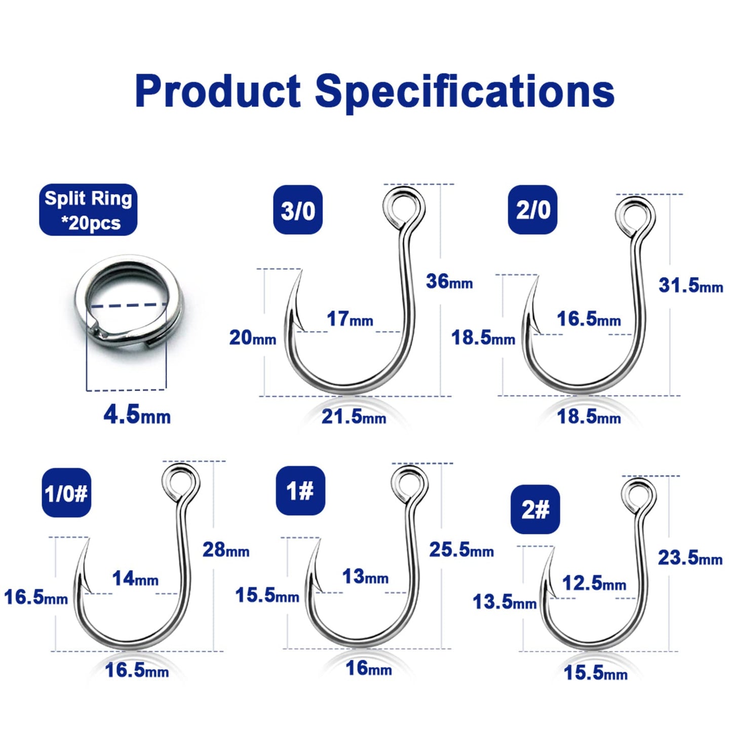 FishTrip 50pcs Inline Fishing Hooks for Treble Hook Replacement, in-Line Single Forged Eyed Hooks with Split Rings for Lures Plugs Saltwater Freshwater