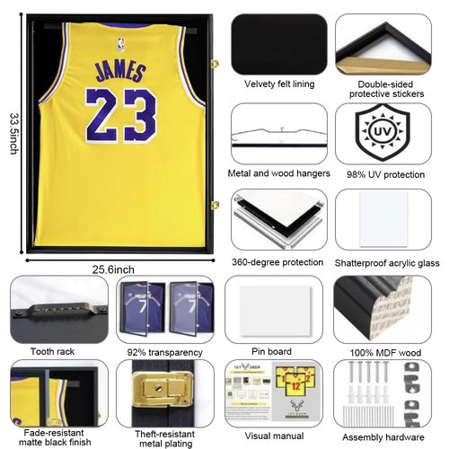 Jersey Frame Display Case, NETGOG 23.6x31.5-in Large Jersey Frame Shadow Box Lockable with UV Protection Acrylic and Hanger for Collection Baseball Basketball Football Hockey Sport Shirt Black