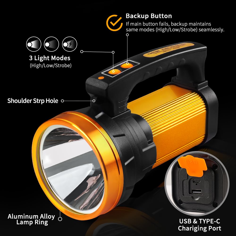 KINQILIN 1800LM Rechargeable Spotlight 13600mAh Spotlight Flashlight 80H Long Lasting IP67 Waterproof 3 Modes Spot Light for Outdoor Camping Home Emergency