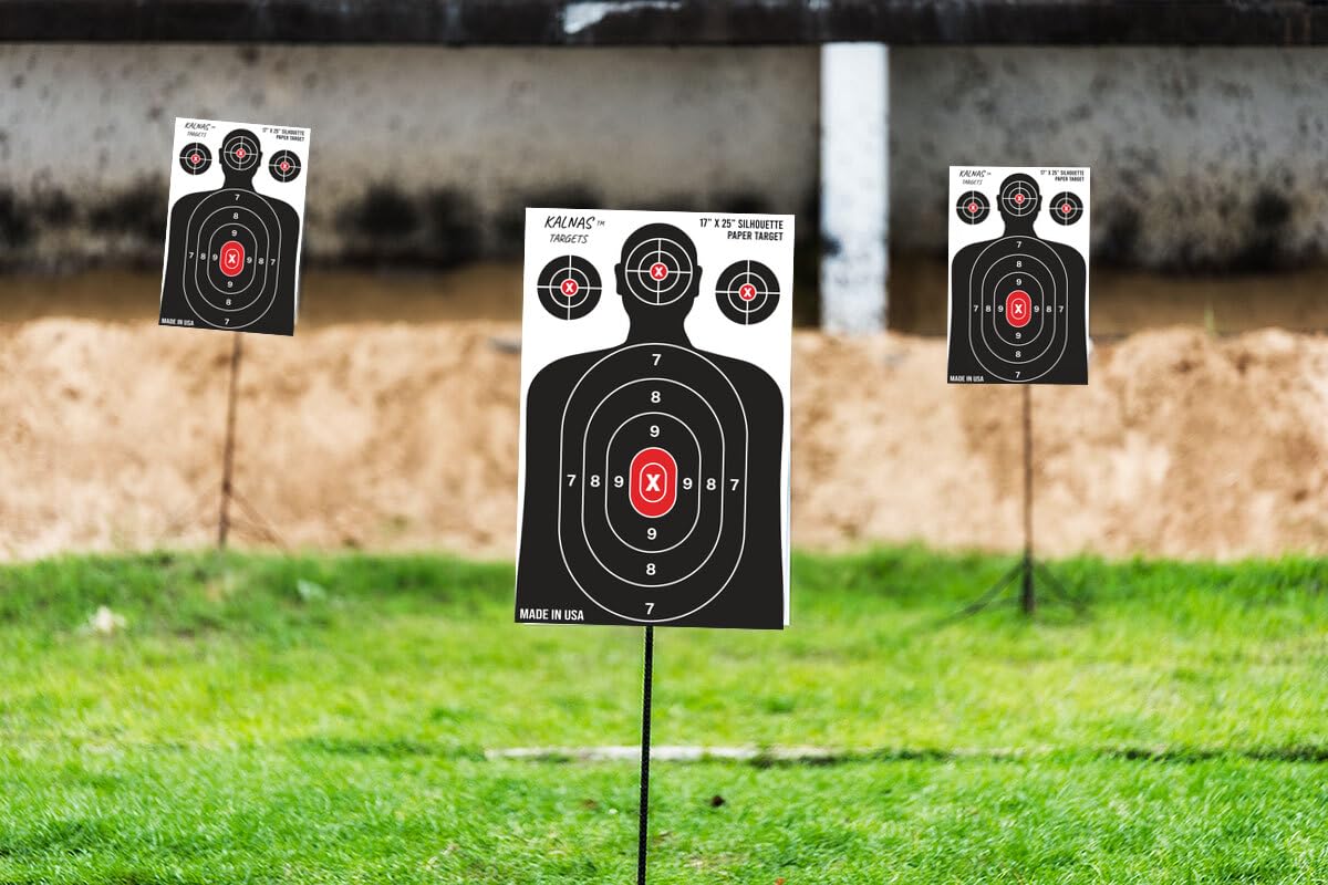 Kalnas Shooting Targets,12 x 18 inch, Bulk Packs of 25, 50, 100 - Silhouette Paper Targets - Ideal for Handguns, Pistols, Rifles - Red Bullseye, Black & White - Elevate Your Shooting Experience (50)