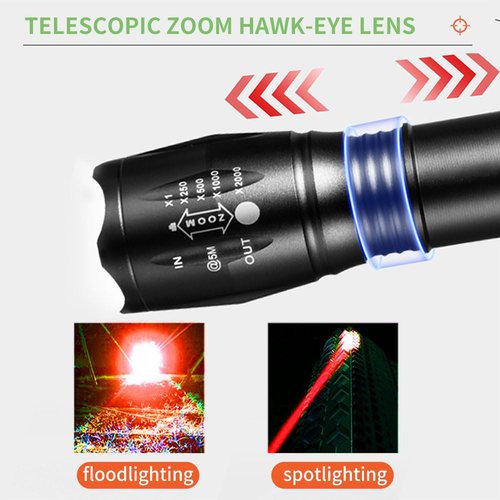 Rechargeable Red Light Tactical Flashlight,500 Yard Red Light Zoomable Flashlight Observation Lights with Pressure Switch Universal Picatinny Rail Mount kit.