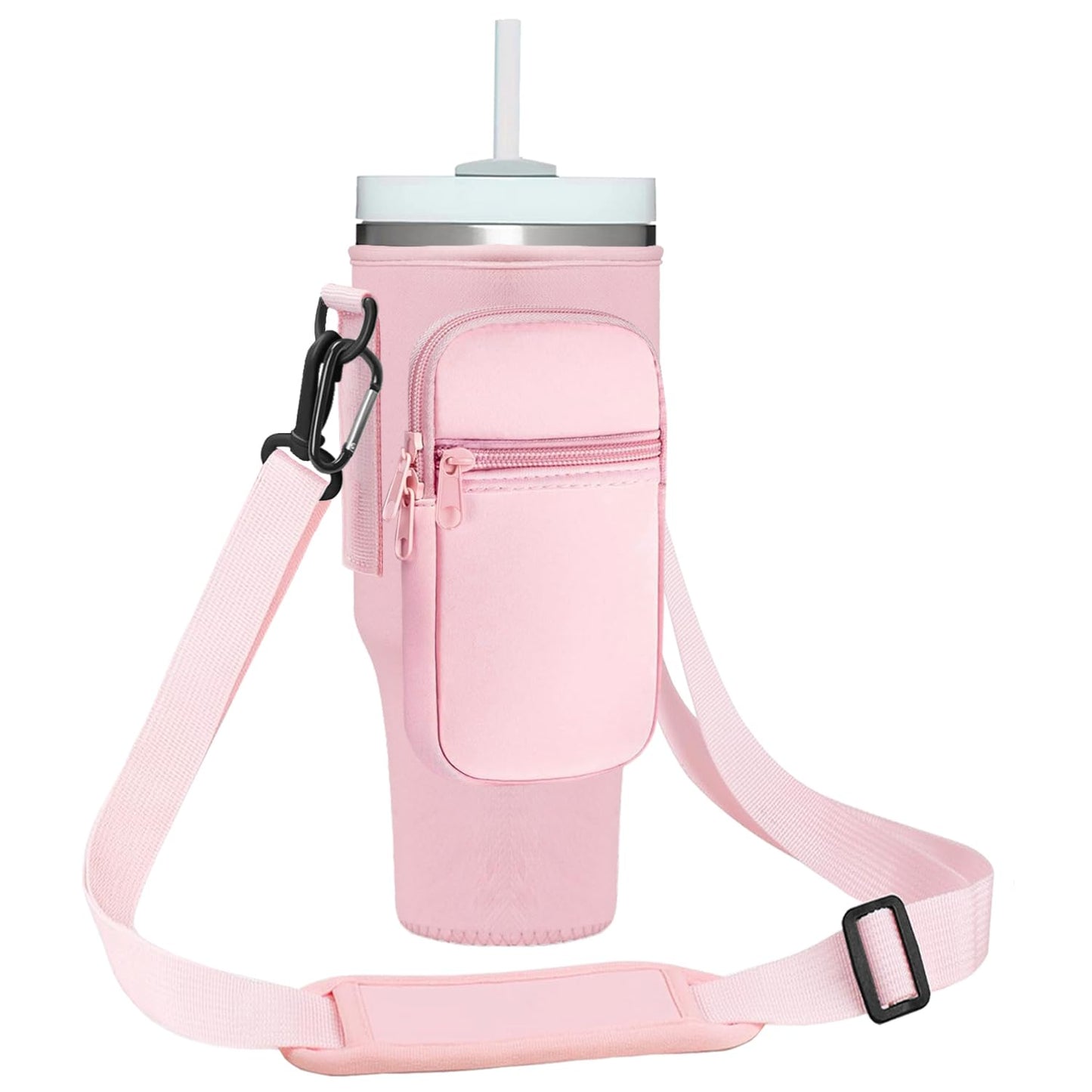 Momocici Letter Cup Carrier Bag with Strap & Pouch for Stanley Quencher 40oz Tumbler. Crossbody Holder Bag Compatible with Stanley Cup for Hiking, Travelling, Camping. (Rose Quartz)