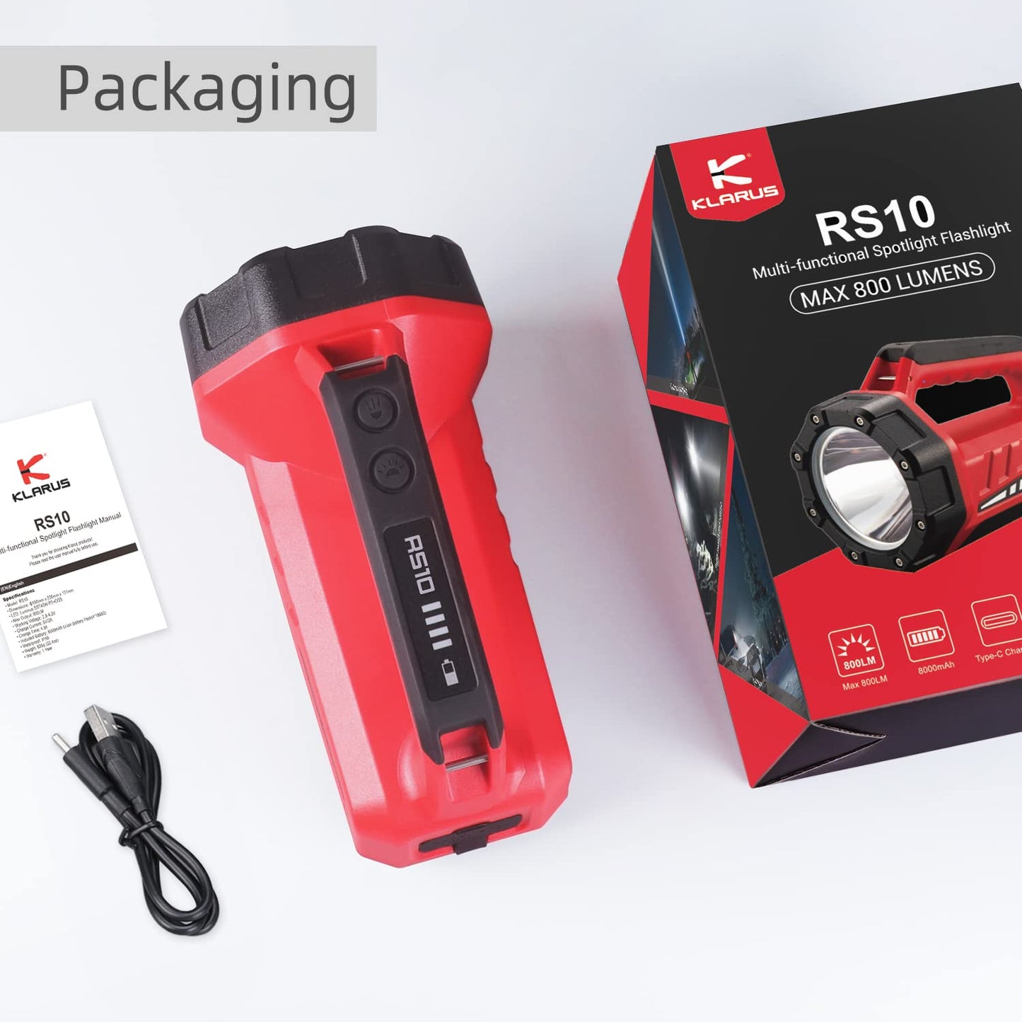klarus RS10 Big Rechargeable Spotlight: 8000mAh Large Capacity, with Red Flood Mode, Flashlight Lantern Combo, Waterproof Heavy Duty LED Light for Camping, Power Outages and Emergencies