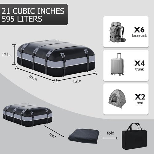 Car Rooftop Cargo Bag Carrier, Soft Roof Top Luggage Bag for All Vechicles with/Without Rack - with Waterproof Zip, Anti-Slip Mat, Luggage Lock, Storage Bag, Door Hooks, 21 Cubic Feet (Gray-Black)