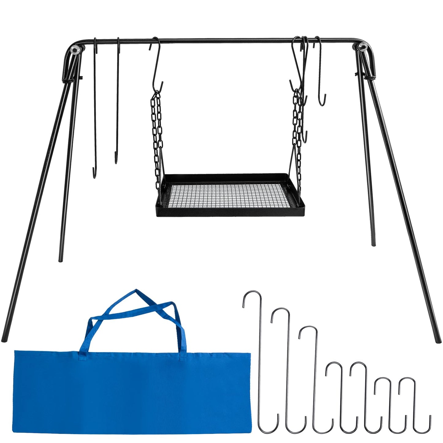 HONYTA Campfire Swing Cooking Grill Stand, Portable Hanging Cooking Rack with Collapsible Legs Adjustable Grill Grate and Hooks for Outdoor BBQ Picnic Cookware Party