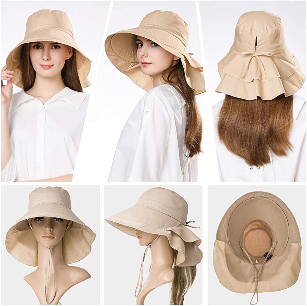 3 Pack Womens Ponytail Sun Hat with Neck Flap Wide Brim UV Protection Bucket Hat Summer Beach Fishing Hiking Garden UPF 50+ (3 Pack-Dark Grey&Light Grey&Beige)