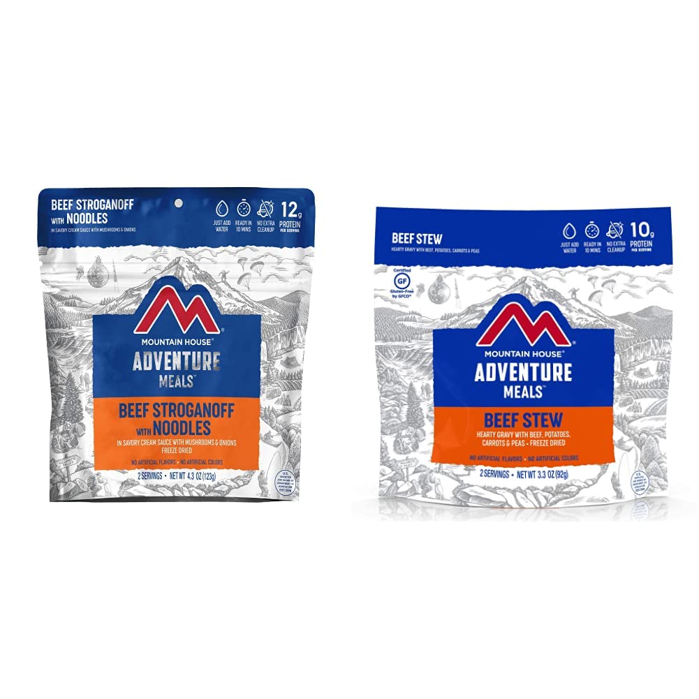 Mountain House Beef Stroganoff with Noodles | Freeze Dried Backpacking & Camping Food | 2 Servings and Mountain House Beef Stew | Freeze Dried Backpacking & Camping Food | 2 Servings | Gluten-Free