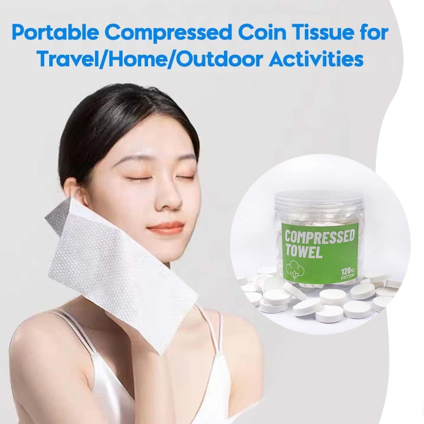 120 Pcs Compressed Towels, 9x9in Fast Expanding Disposable Face & Body Towellets, Portable Camping Towels for Travel, Gym, Outdoor Activities